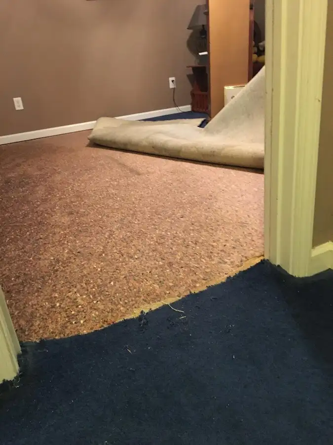 Carpet pad removal revealing water damage during Drying & Dehumidification in Rancho San Diego